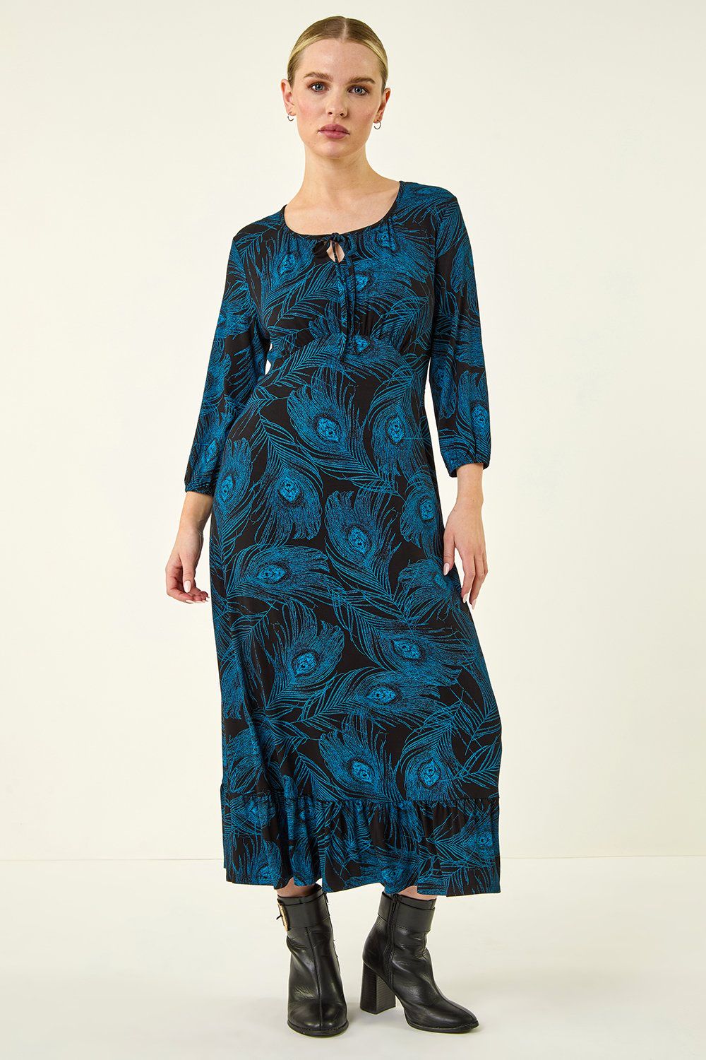 Roman Petite Feather Print Keyhole Midi Dress