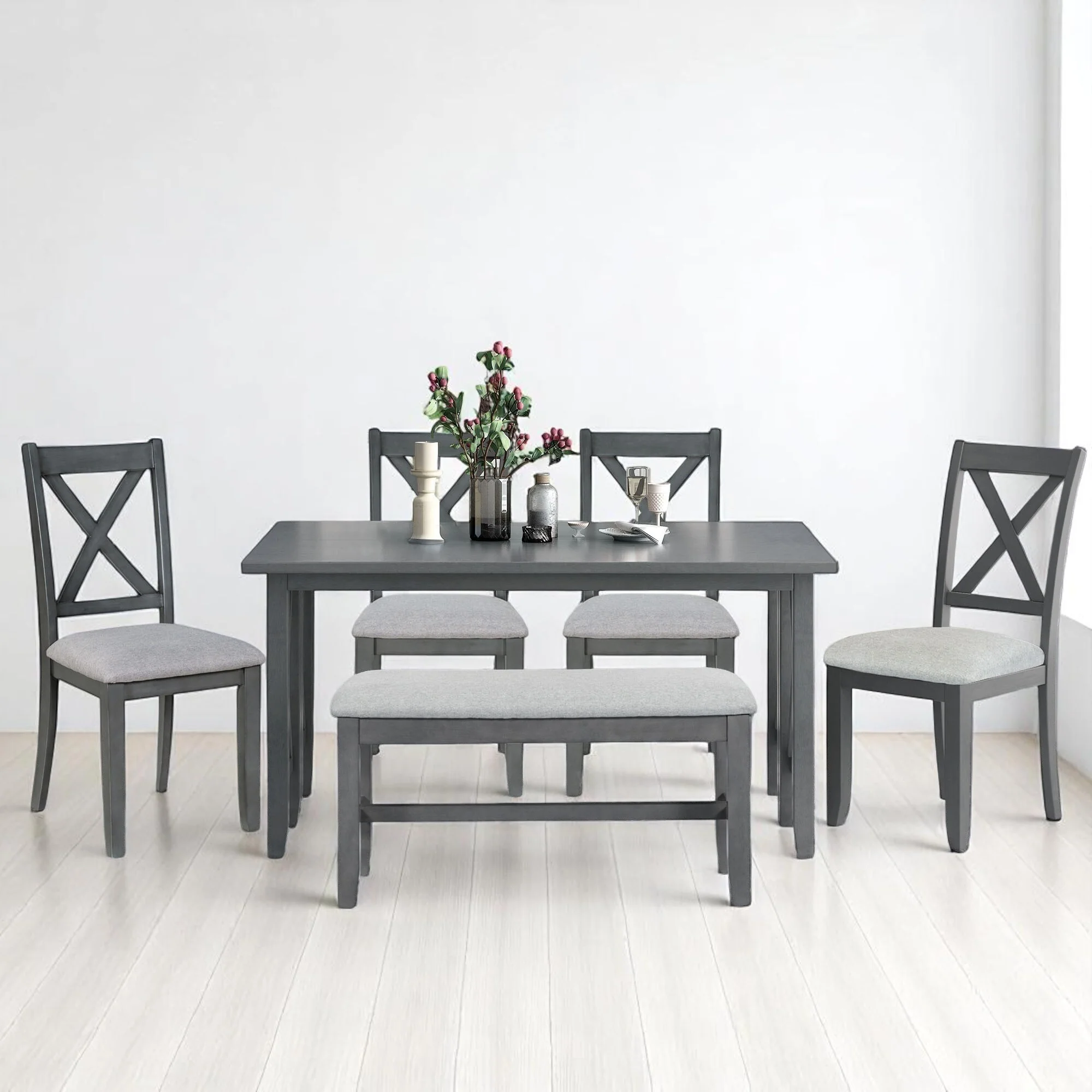 Modern 6-Piece Foldable Dining Set with Upholstered Chairs and Bench, Solid Wood Dining Table for Kitchen or Dining Room