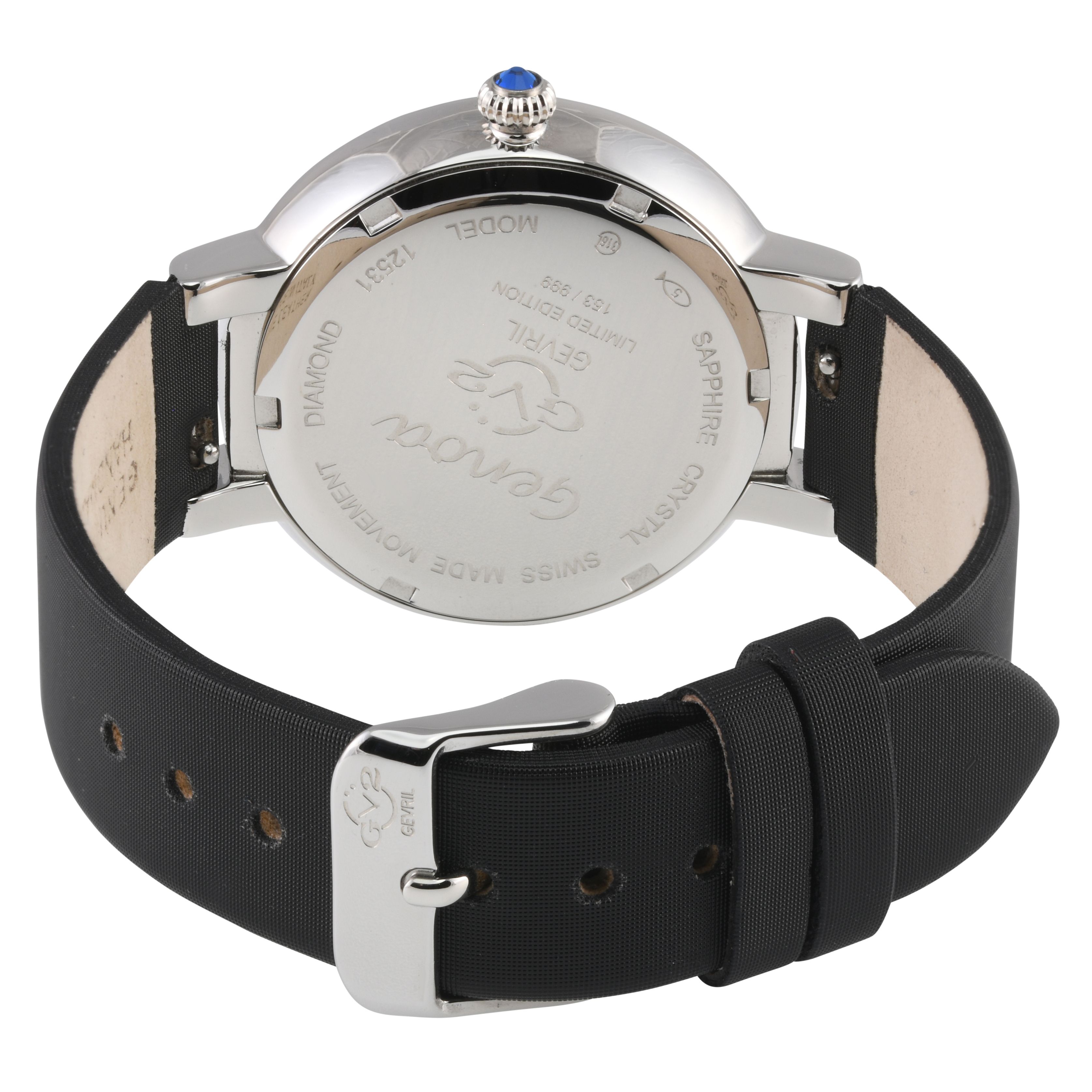 GV2 Genoa, Swiss Quartz Watch, MOP Black Dial, Genuine Hand Made Italian Leather, and Sapphire Crystal