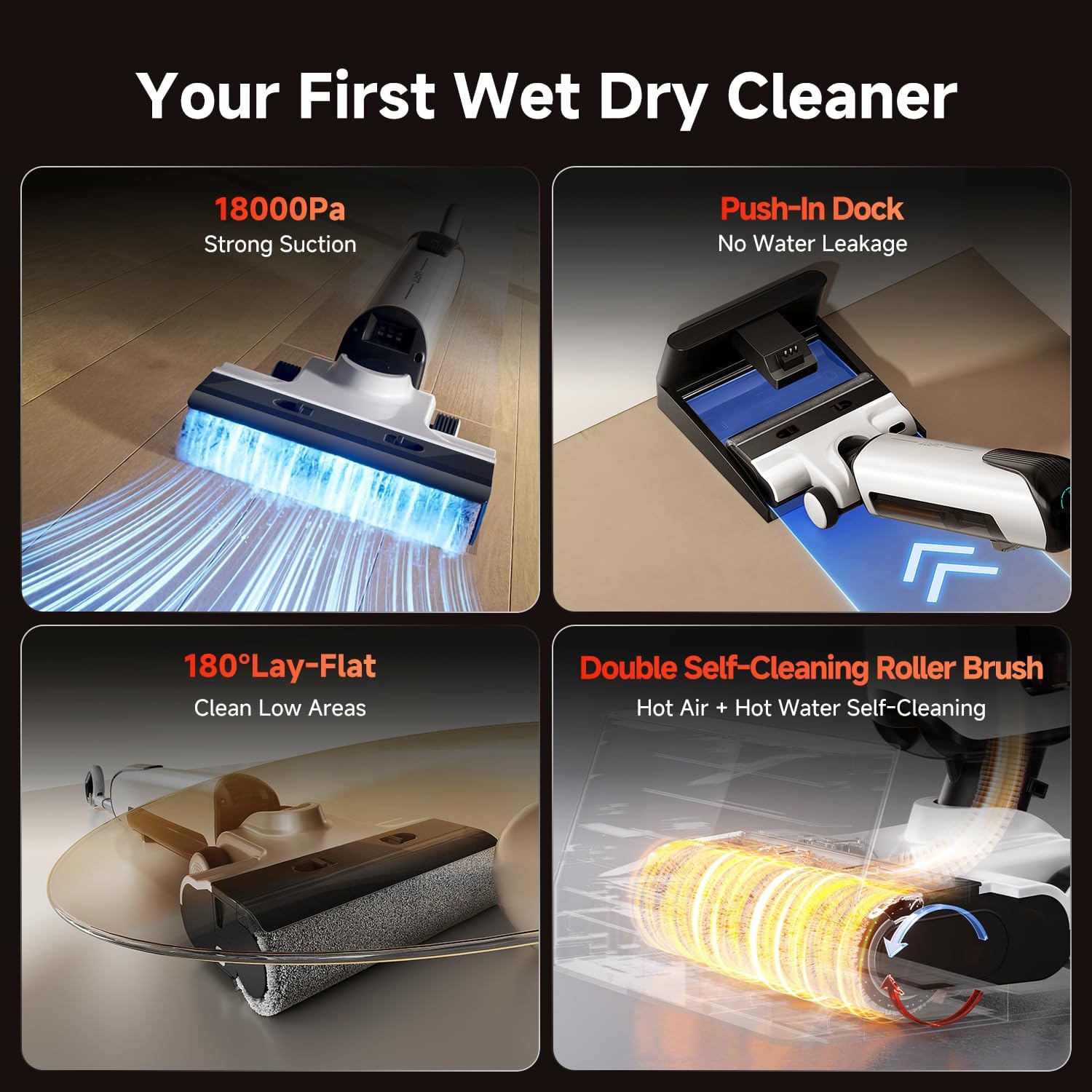 uwant Wet Dry Vacuum Cleaner 180°Lay-Flat Push-in Vacuum Mop All in One with 18000Pa Suction Auto Self-Cleaning Anti Odor Stick Dual-Edge Vacuum Cleaner Set of 1 for Hard Floor/Carpet D100