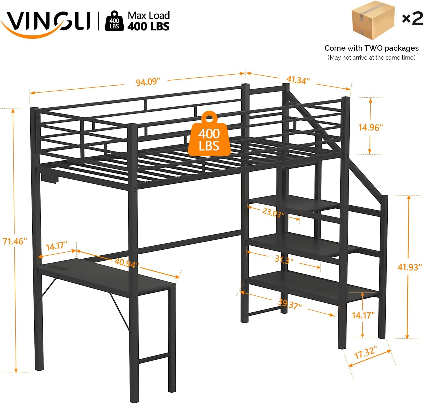 VINGLI Twin Loft Bed with Desk,15‘’ Extra High Safety Guardrail with 2 Charging Station,Heavy Duty Metal Loft Bed Frame with Staircase,LED Light, Kids/Teens/Adults,Black