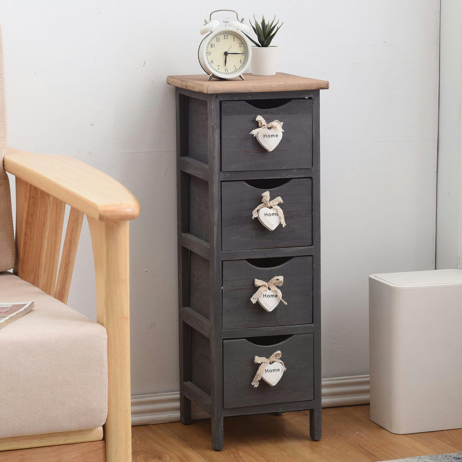 - Chiffonnier coeurs avec 4 boîtes en bois gris et blanc