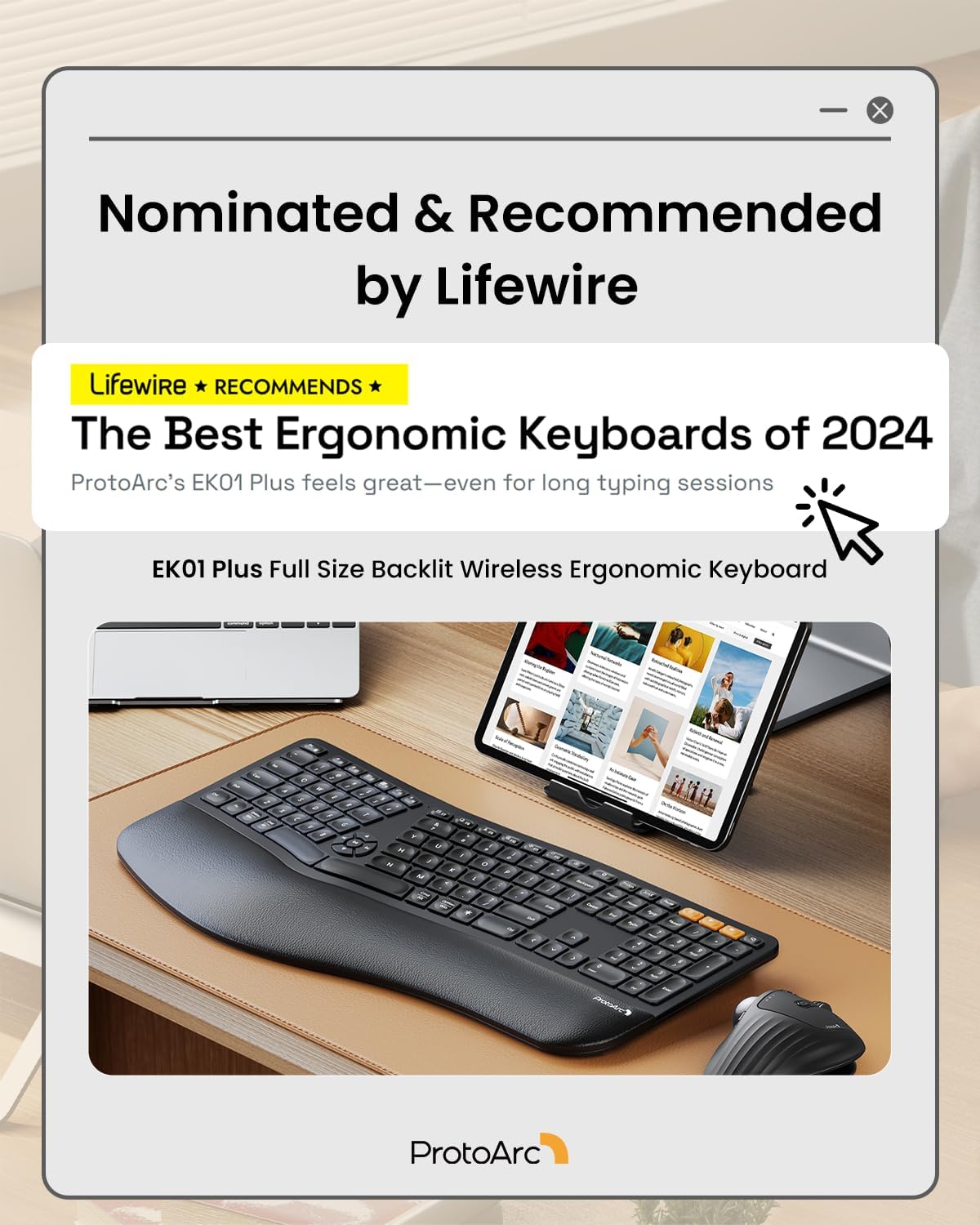ProtoArc Backlit Bluetooth Ergonomic Keyboard, EK01 Plus Full Size Wireless Split Keyboard with Dual Bluetooth and USB, Cushioned Wrist Rest, Rechargeable, Compatible with Windows/Mac/Android, Black