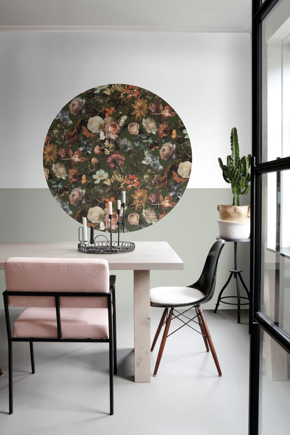 ESTAhome zelfklevende behangcirkel bloemen vergrijsd olijfgroen - Ø 140 cm - 159013