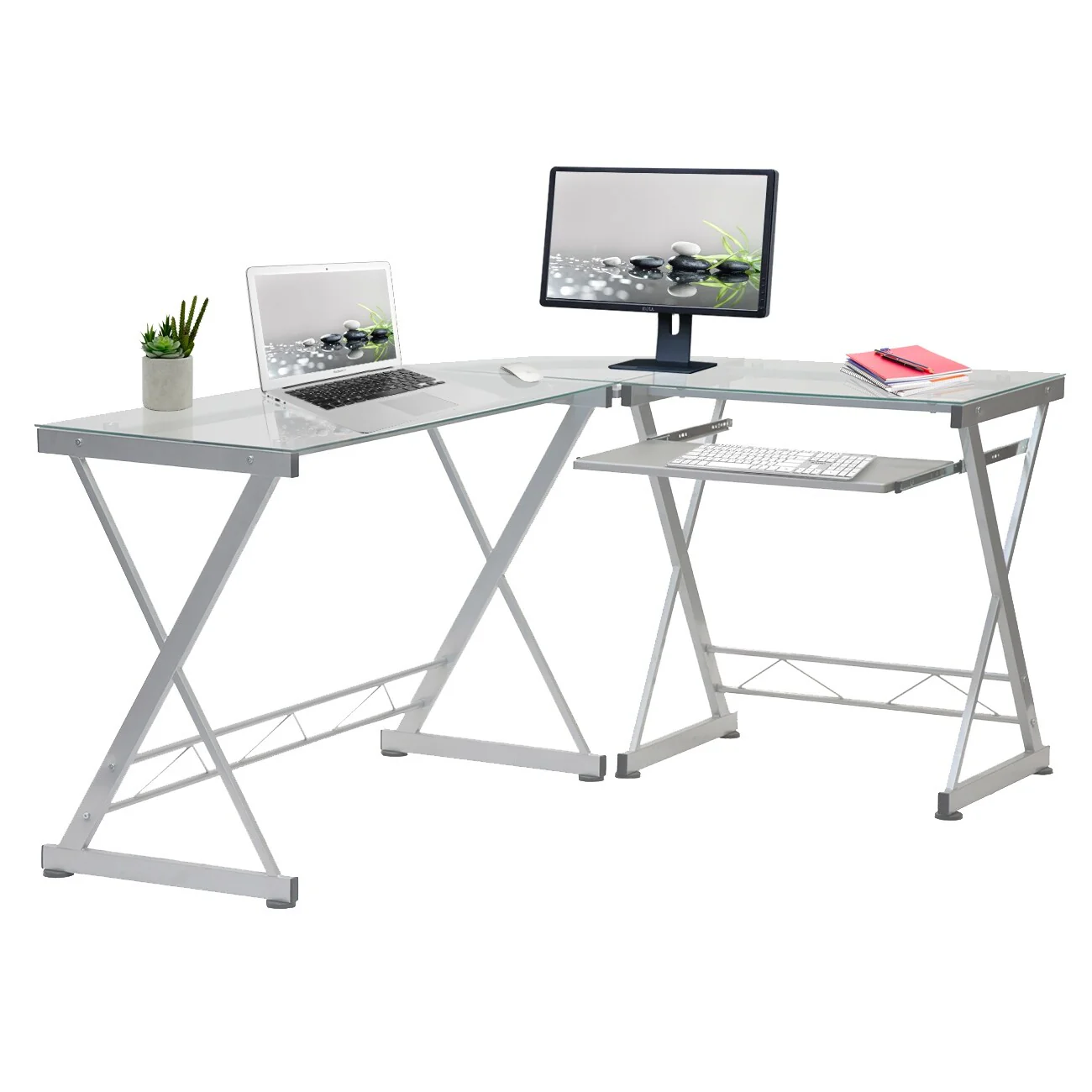 Techni Mobili L-Shaped Tempered Glass Top Computer Desk