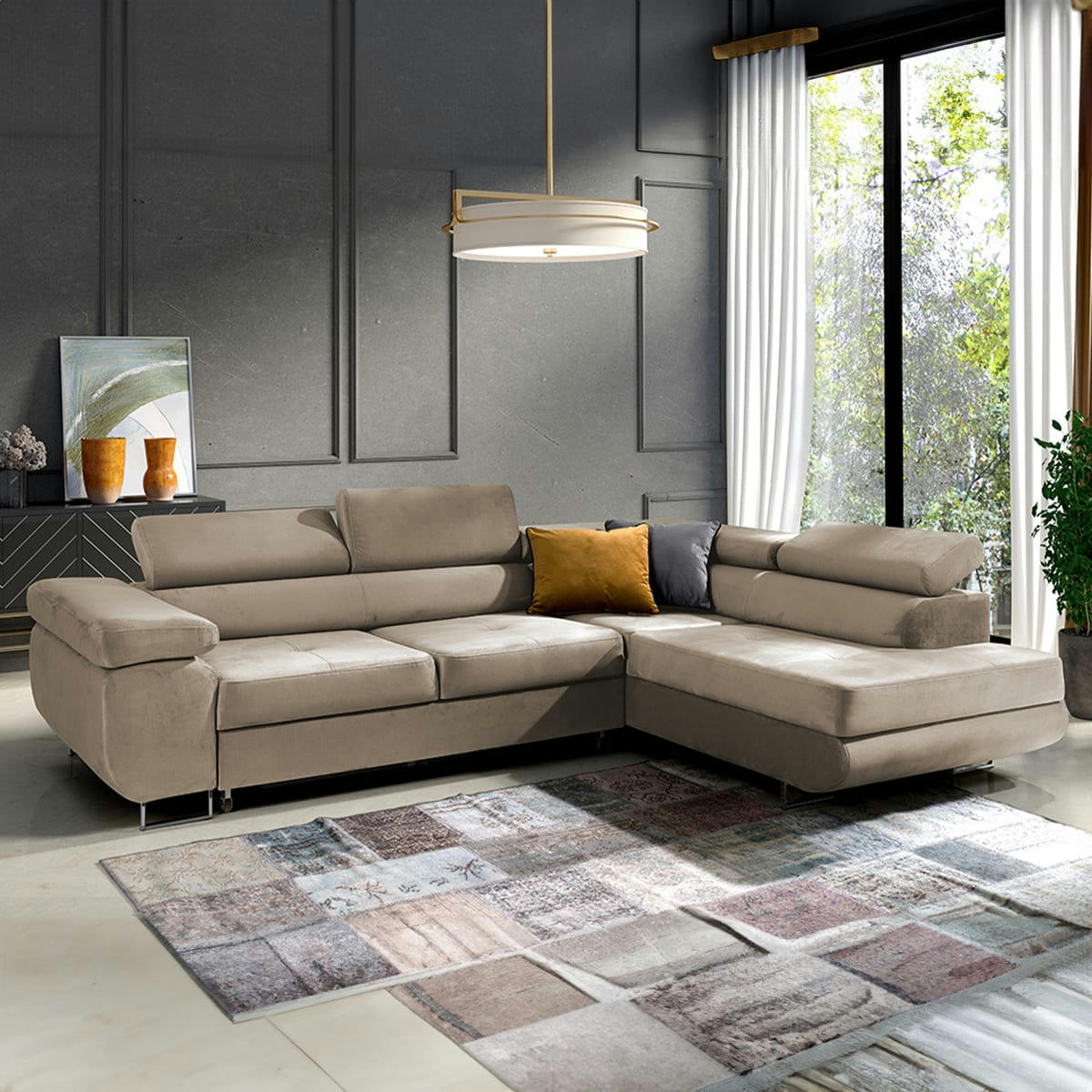 - Canapé d'angle convertible droit 4 places velours beige