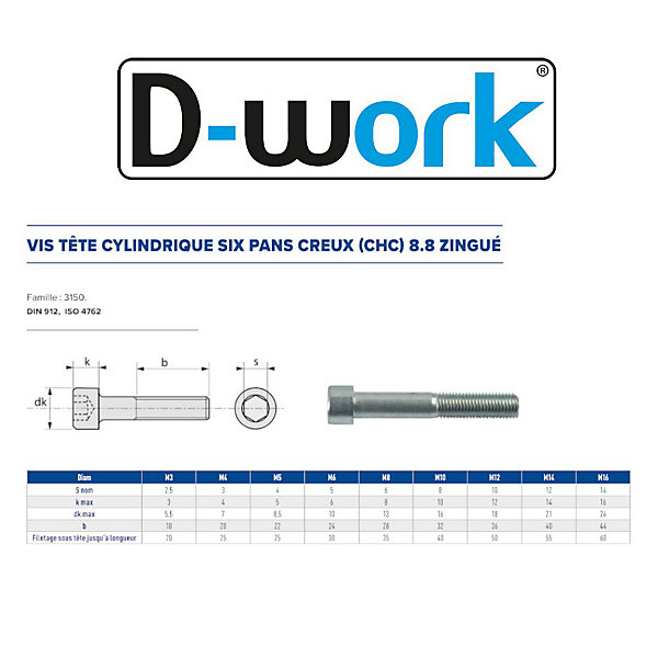 200 Vis Métaux Tête Cylindrique 6 Pans Creux CHC F/Total 5 x 16 mm - DIN 912 - 8.8 - Zingué blanc - D-Work