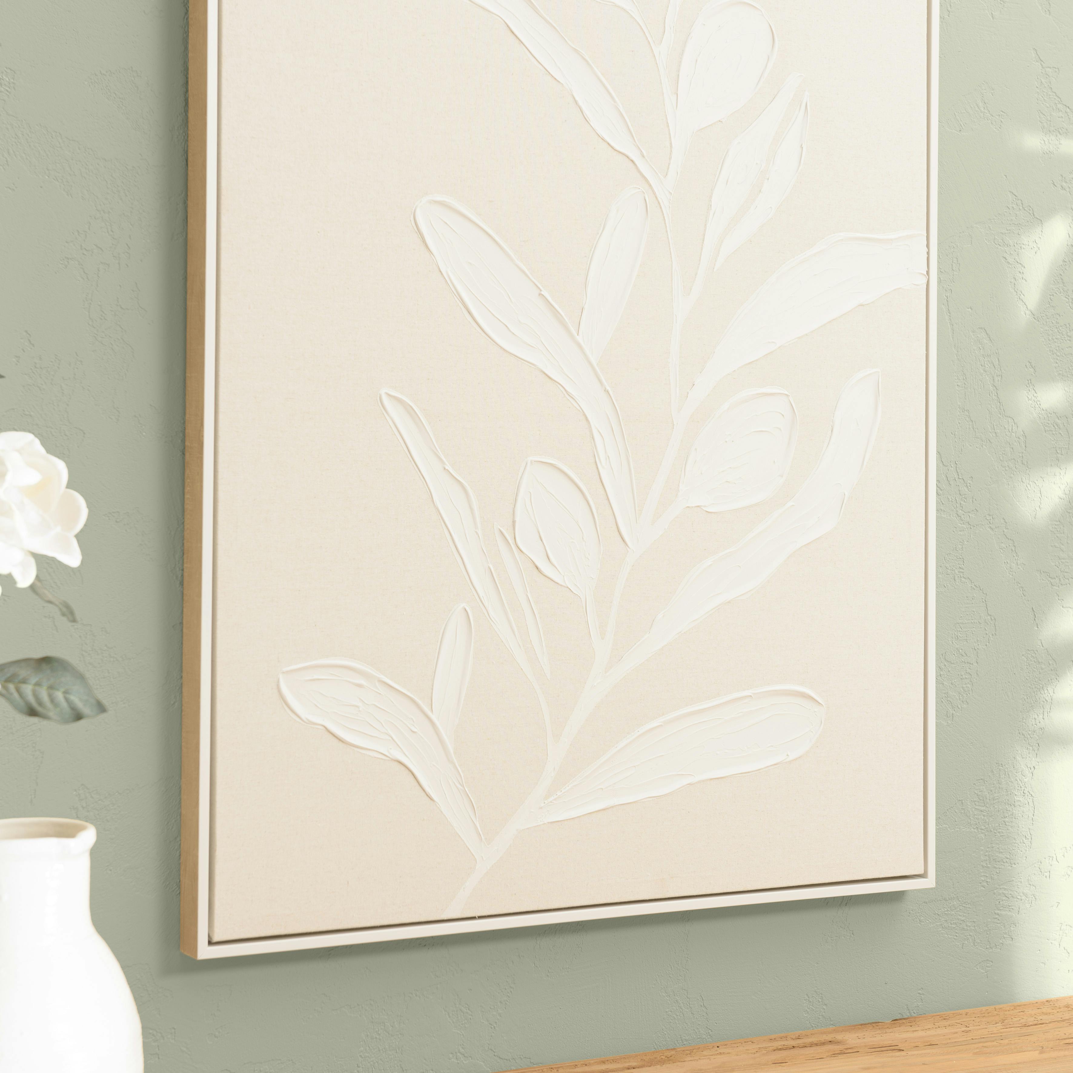 Tableau lin beige feuillage de platre 83 x 123 cm