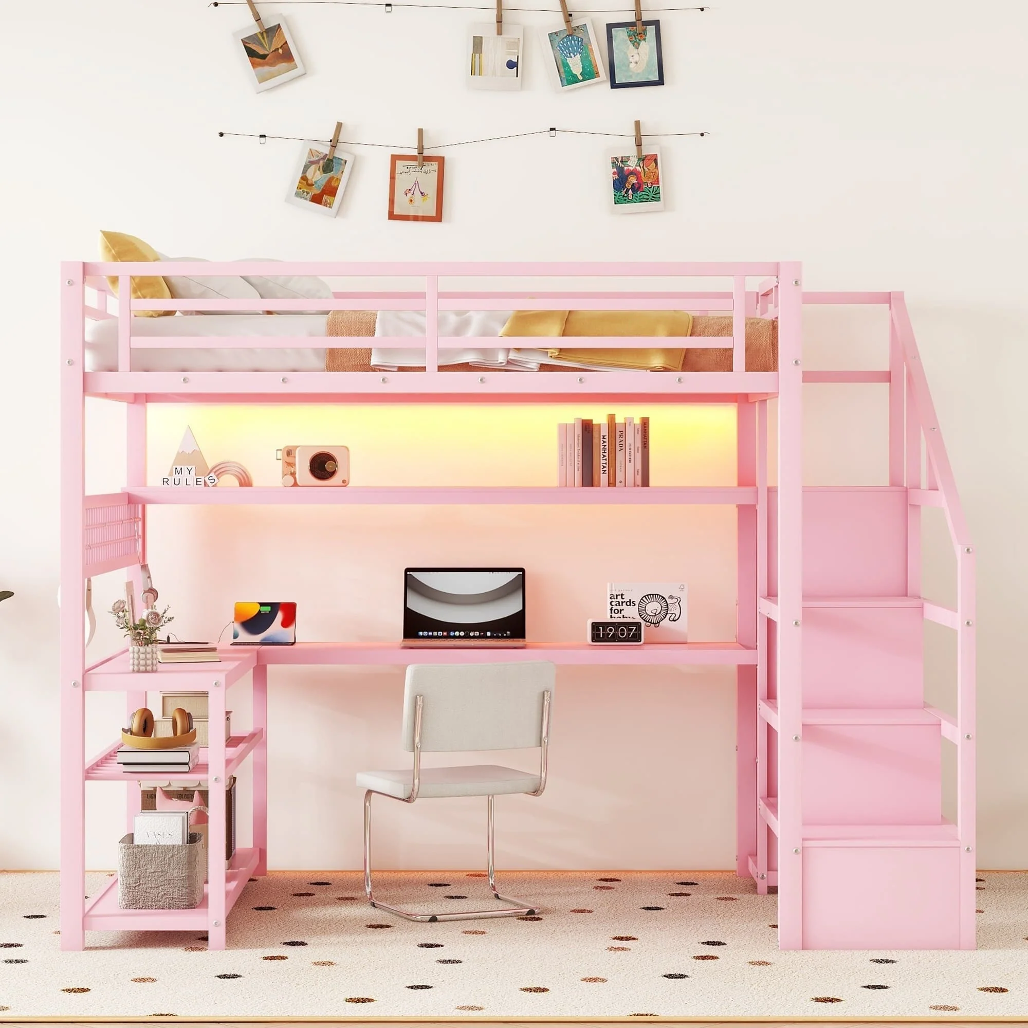 Full Size Pink Iron Storage Loft Bed Frame with Stair, Desk, LED Light