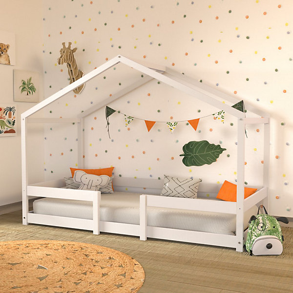 Lit cabane enfant 90x190cm bois massif INDIK Blanc inclus sommier