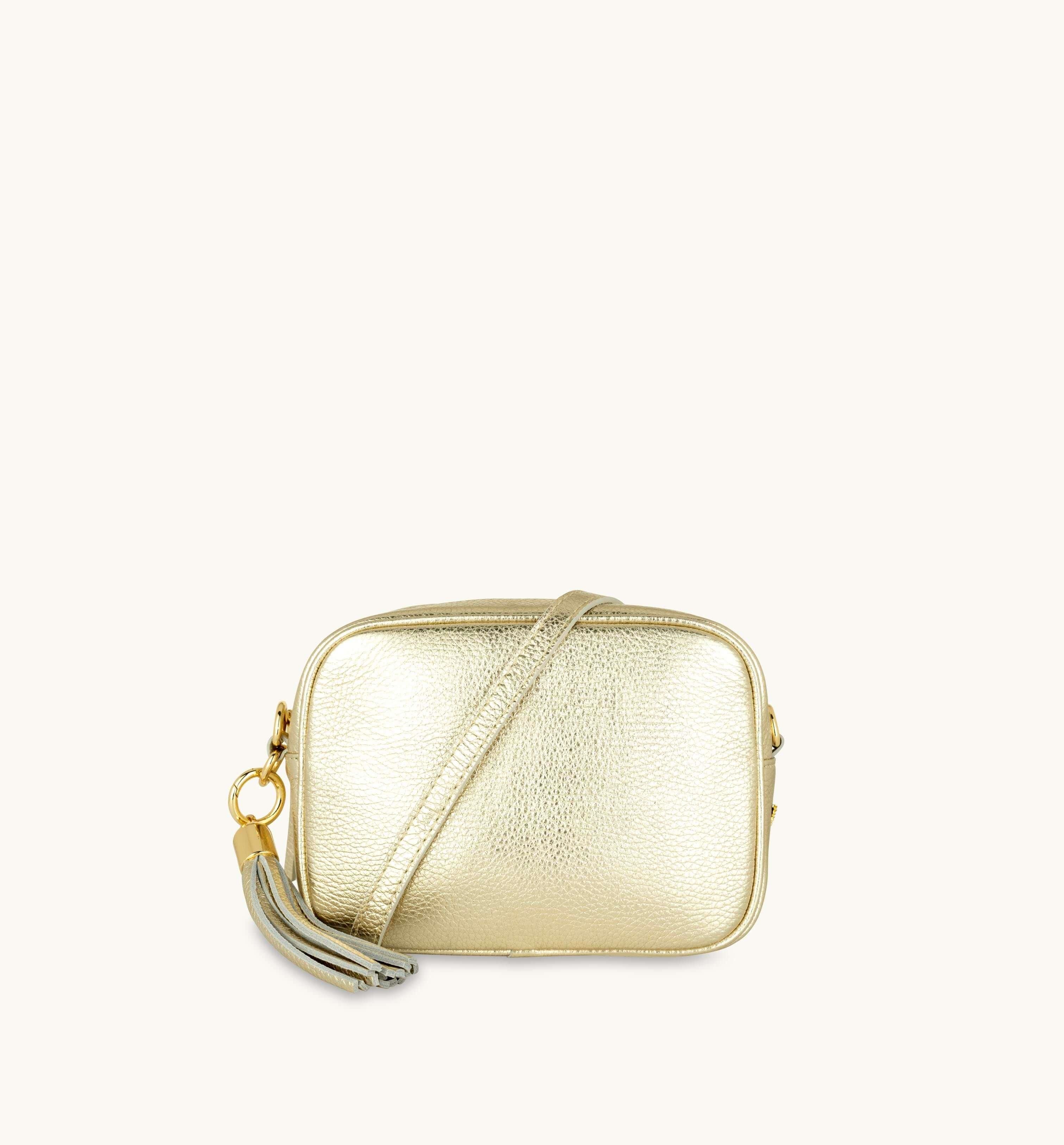 Apatchy London Gold Leather Crossbody Bag With Tan Cheetah Strap