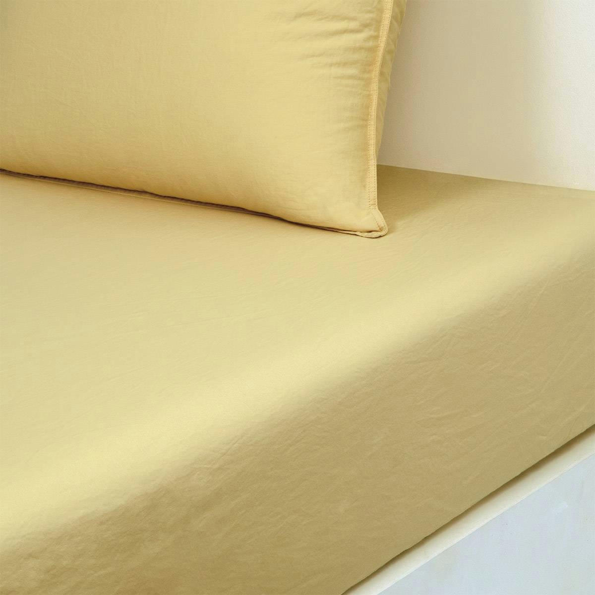 PALERME - Drap housse en satin de coton lavé jaune 180 x 200 cm