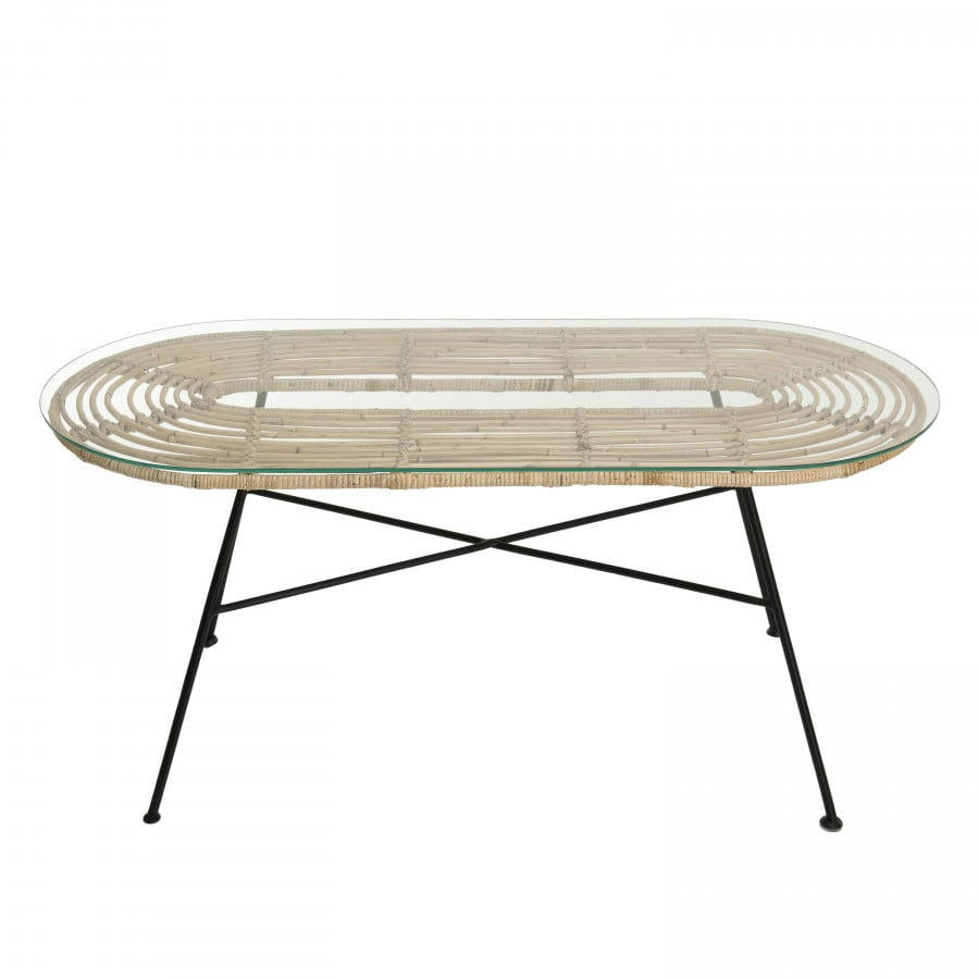 CHLOE - Table basse rotin naturel plateau verre pieds métal noir L102
