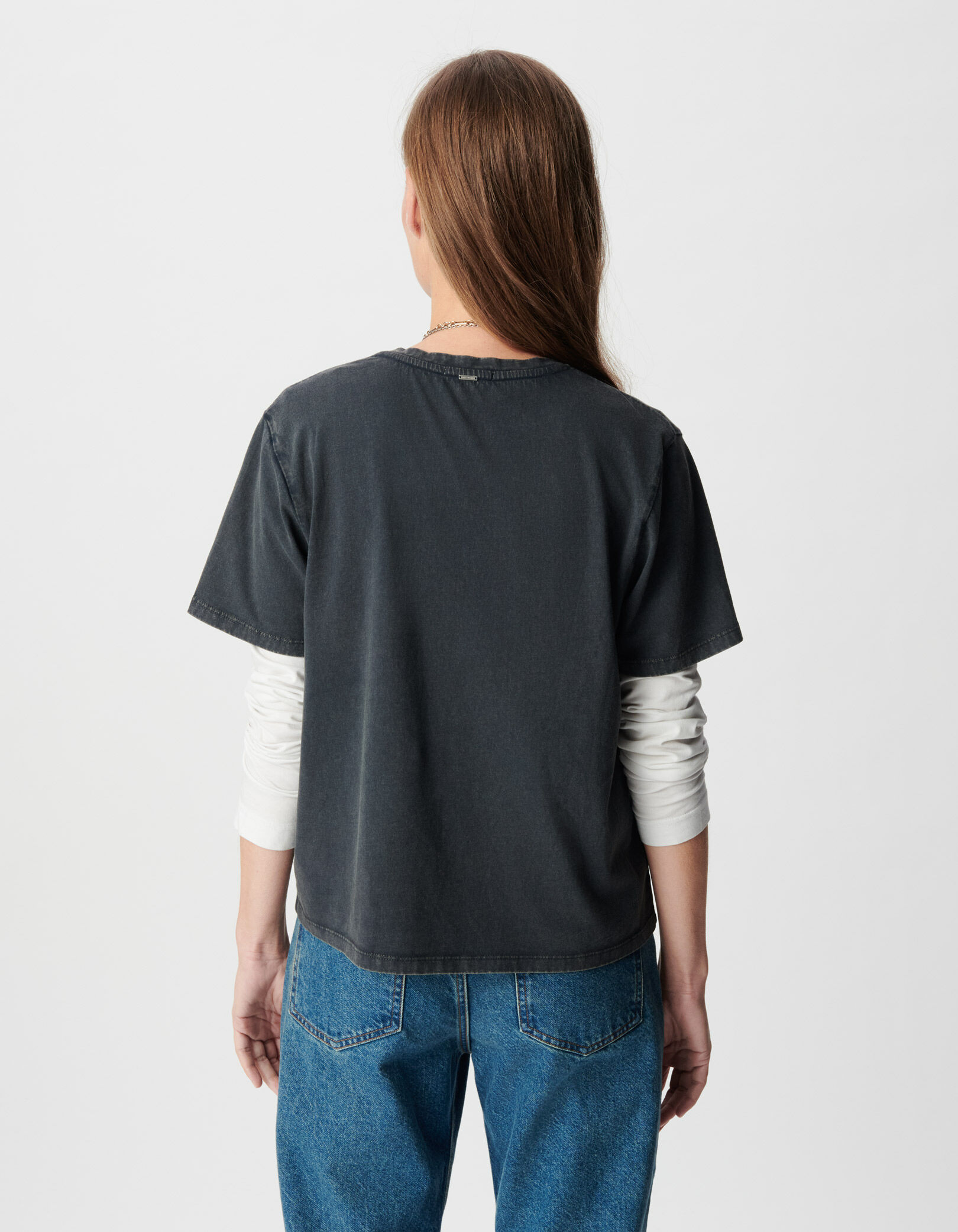 Tee-shirt col V noir coton bio délavé visuel aigle Femme