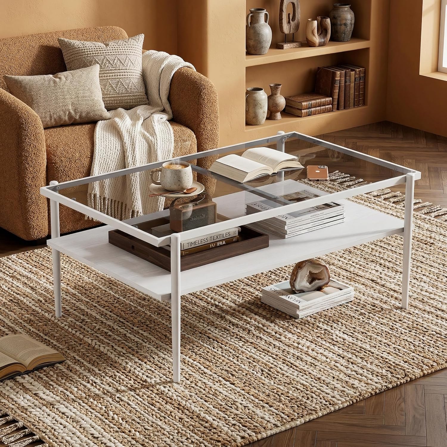 Casaphoria Rectangle Coffee Table with Gray Tempered Glass Top, Modern 2-Tier Center Cocktail Table with White Metal Legs and Wood MDF Storage Shelf for Living Room Apartment, 38 Inch, 220 LBS