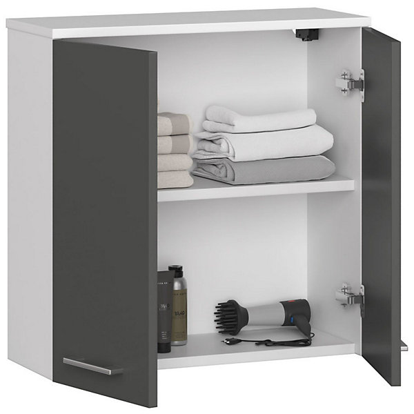 Armoire salle de bains AKORD FIN Meuble Haut Suspendue Blanche 60 cm 2 portes façade Gris Graphite 2 étagères 60x22,5x60 cm