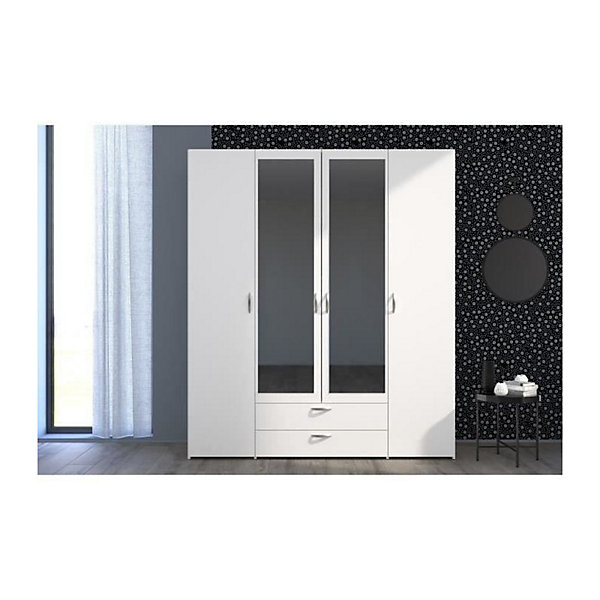 Armoire VARIA - Décor blanc - 4 portes battantes   2 miroirs   2 tiroirs - L 160 x H 185 x P 51 cm - PARISOT