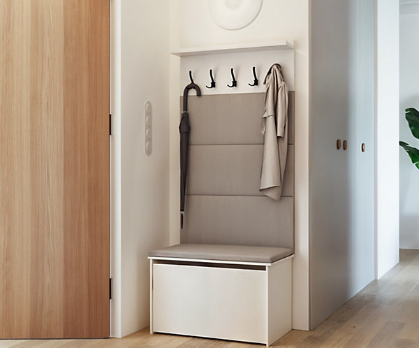 Meuble d'entrée - porte-manteau Cyndi avec coffre et siège - Gris