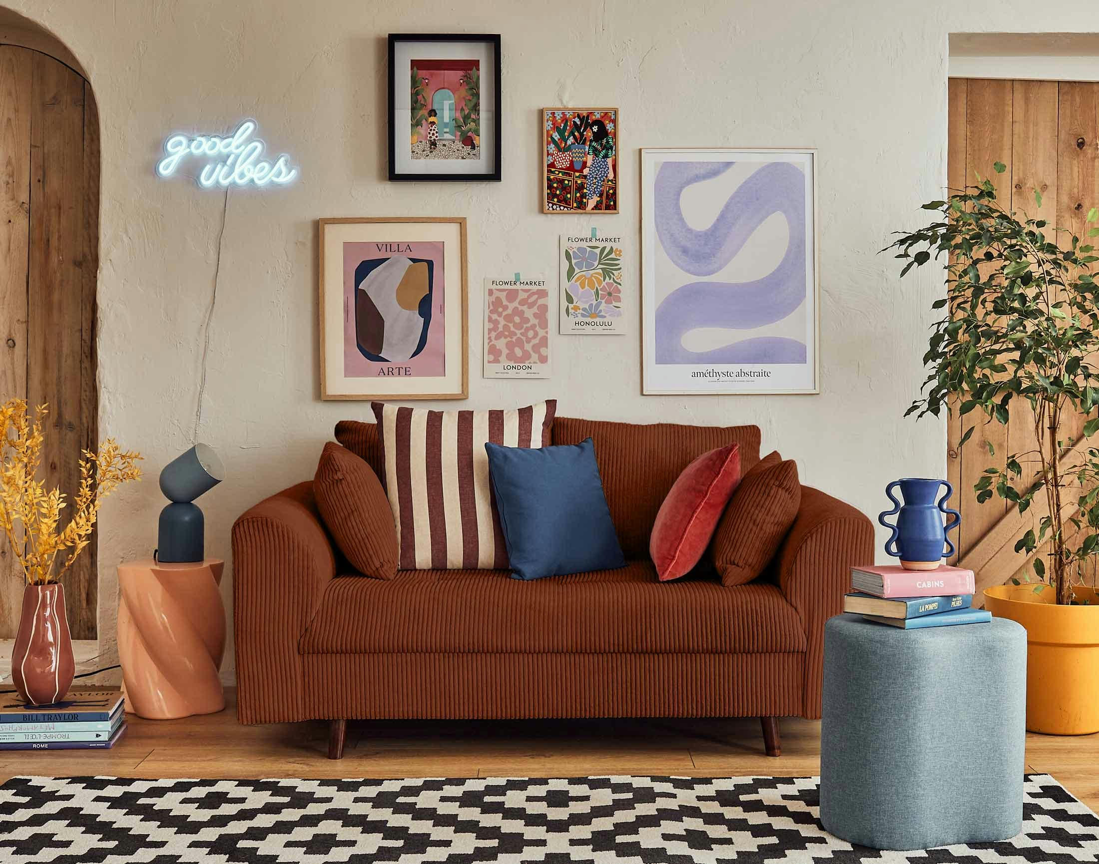 RUNE - Canapé droit 2 places en velours côtelé terracotta