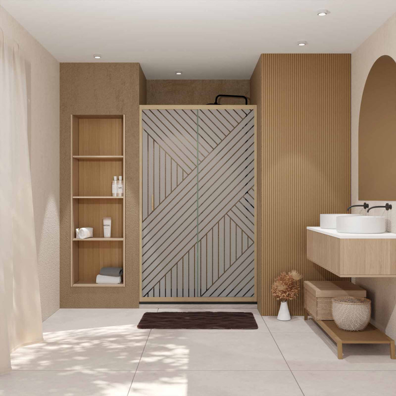 Porte de douche coulissante Japandi sérigraphie géométrique bois 120 x 200 cm AURLANE