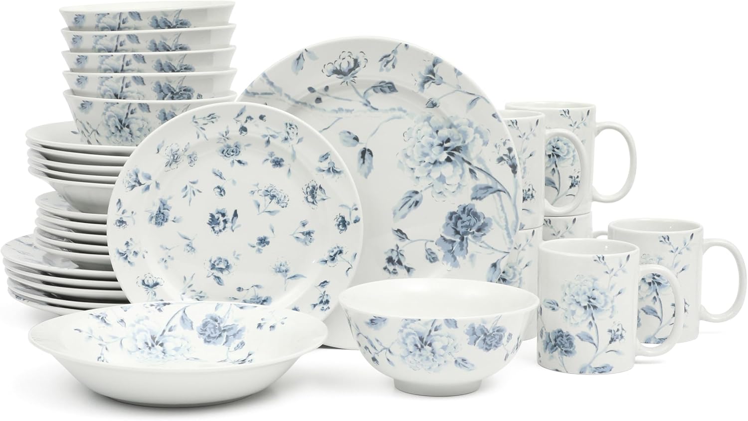 Martha Stewart Empress Bouquet 30 Piece Decorated Porcelain Chip and Scratch Resistant Dinnerware Plates and Bowls Set - Blue Floral