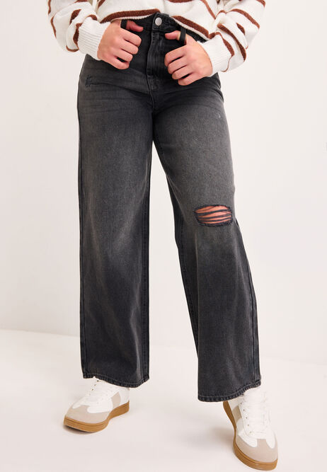 Older Girls Black Ripped Wide Leg Jeans
