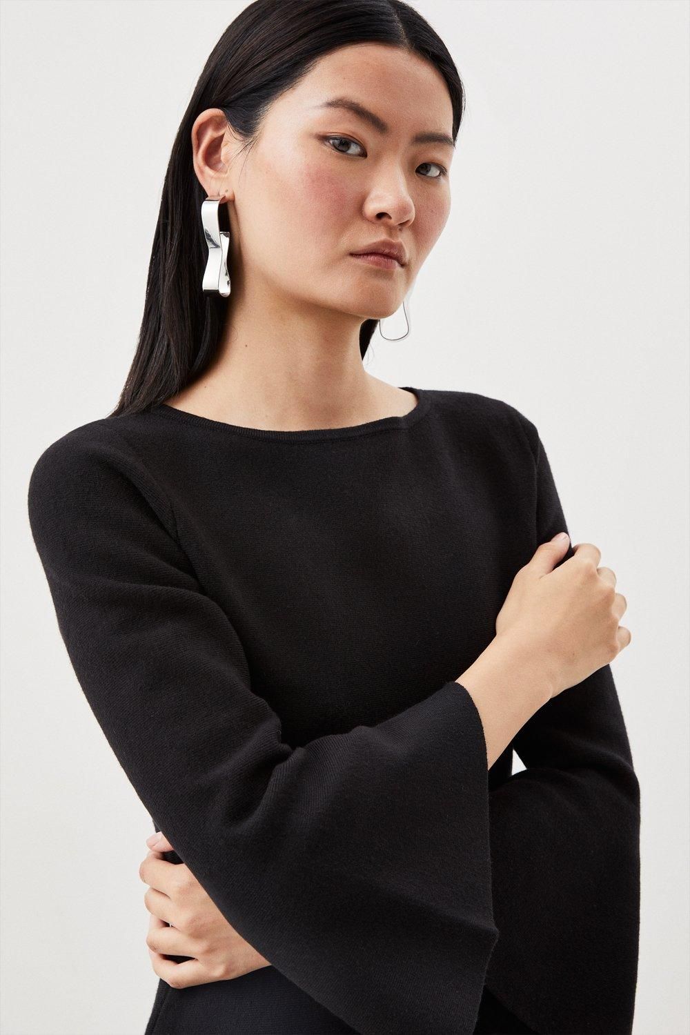KarenMillen Compact Wool Look Knit Bell Sleeve Top