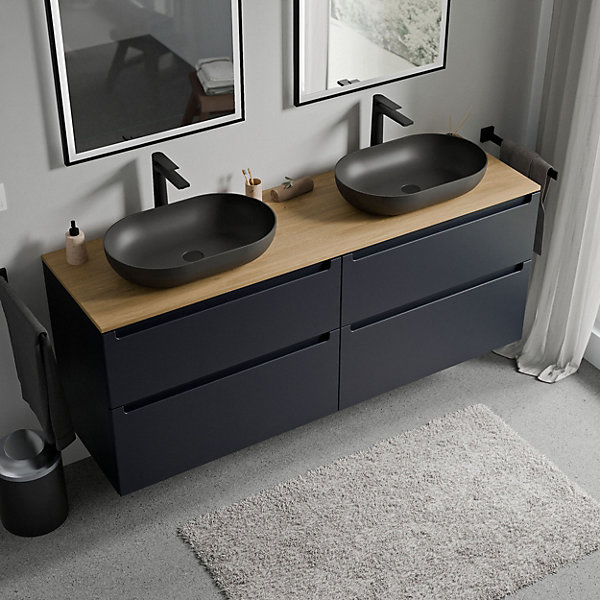 Meuble sous vasque suspendu MDF Bleu nuit mat, plan vasque Chêne miel, tiroirs pivotants - 160x46x62cm - VIREO