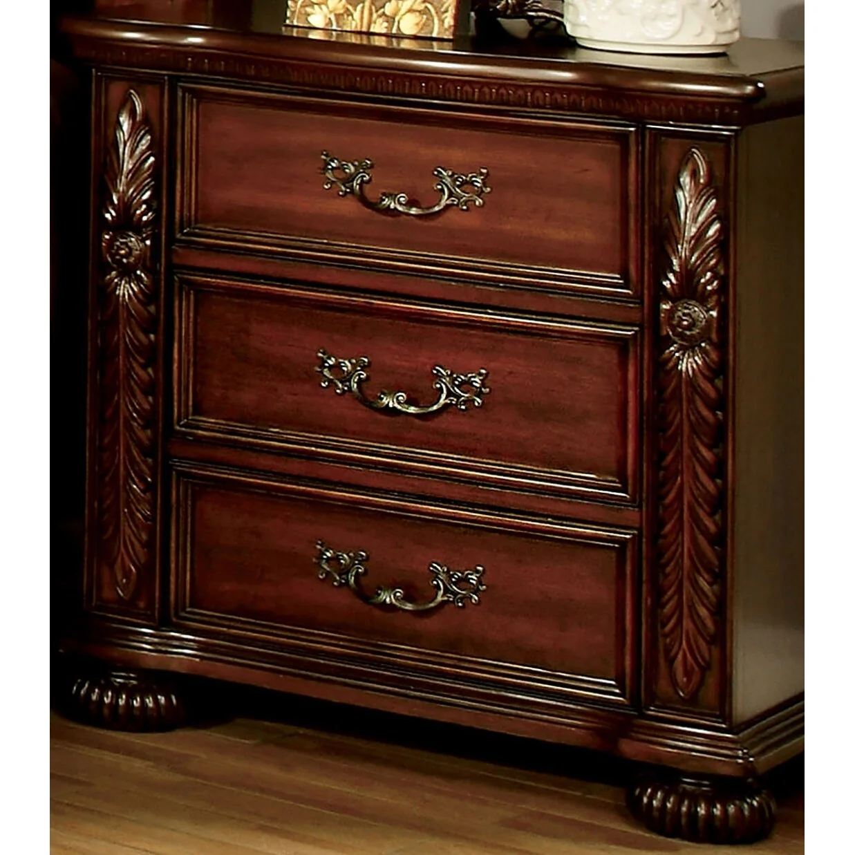 Traditional 1pc Nightstand Solid wood 3-Drawers Bedside Table Pewter Hanging Pull Grand Design Bedroom Furniture