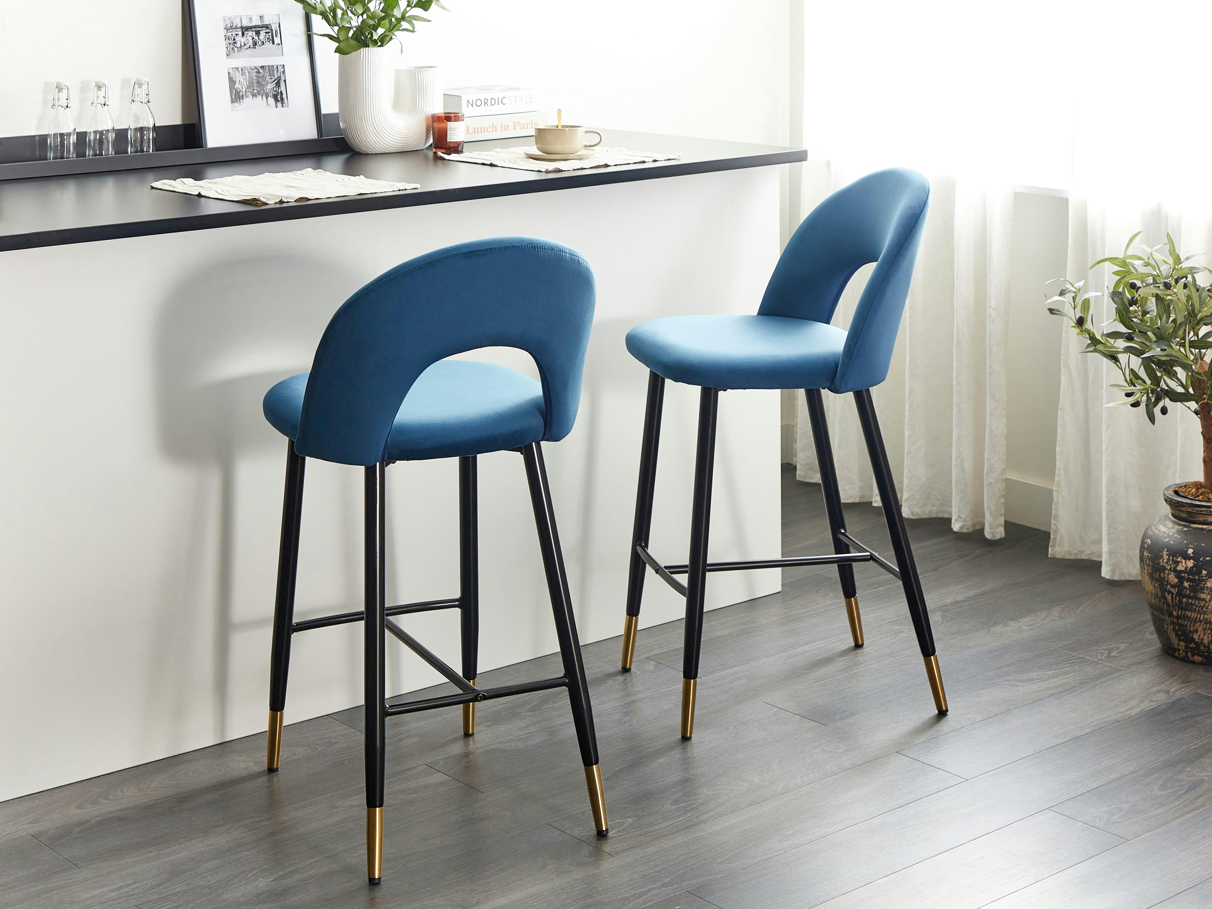 FALTON - Lot de 2 chaises de bar en velours bleu marine