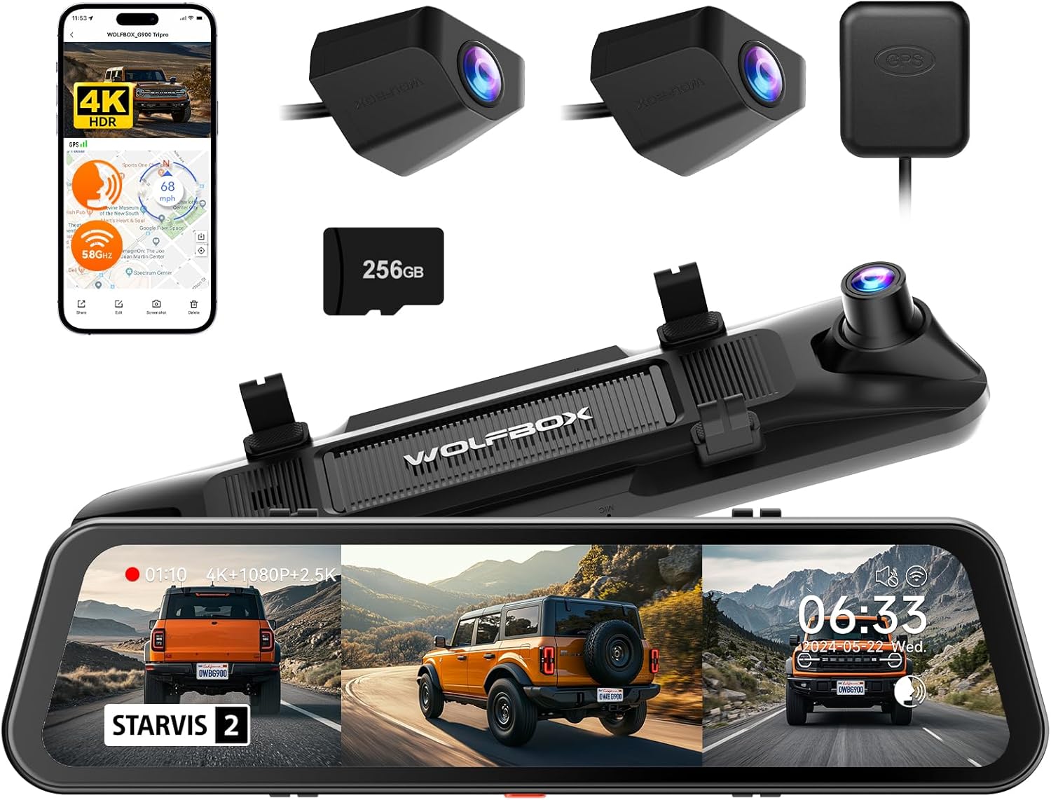 WOLFBOX G900 Tripro Bumper Version 3 Channel 4K Mirror Dash Cam  8MP STARVIS 2 IMX678 Night Vision  4K+2.5K+1080P Front and Rear Bumper Dash Cam  5.8GHz WiFi  Voice Control  Includes 256GB Card & GPS