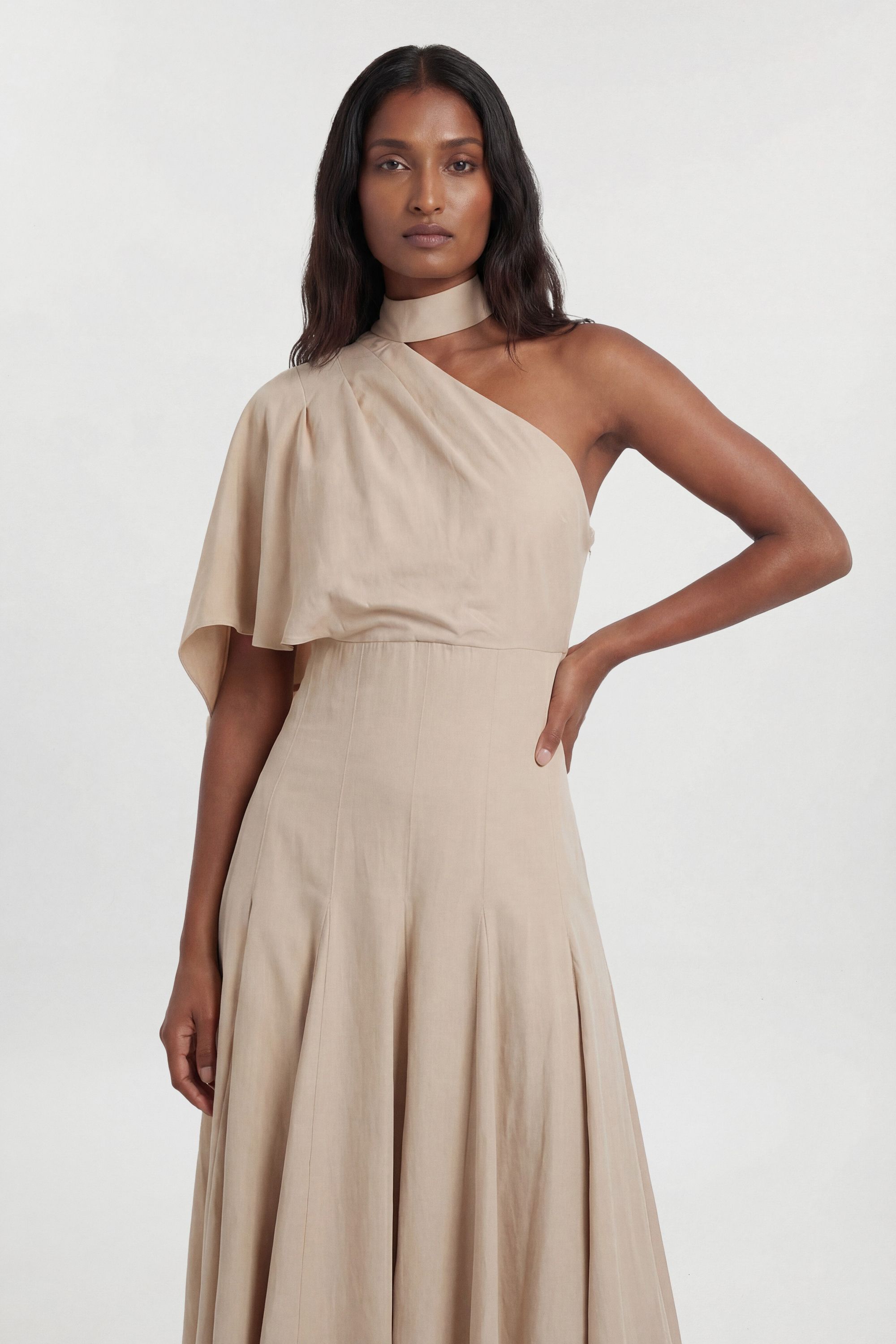 KarenMillen Petite Premium Tailored Linen High Neck One Shoulder Full Midi Dress