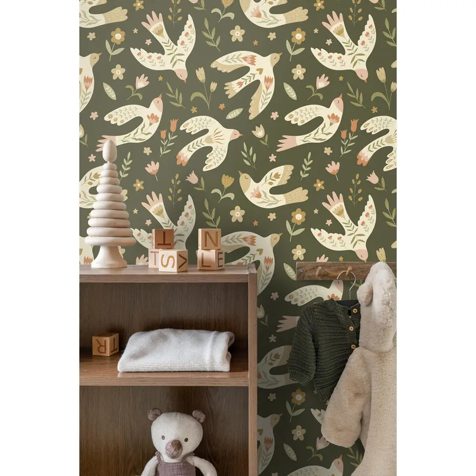 ESTAhome behang bloemen en vogels groen - 50 x 900 cm