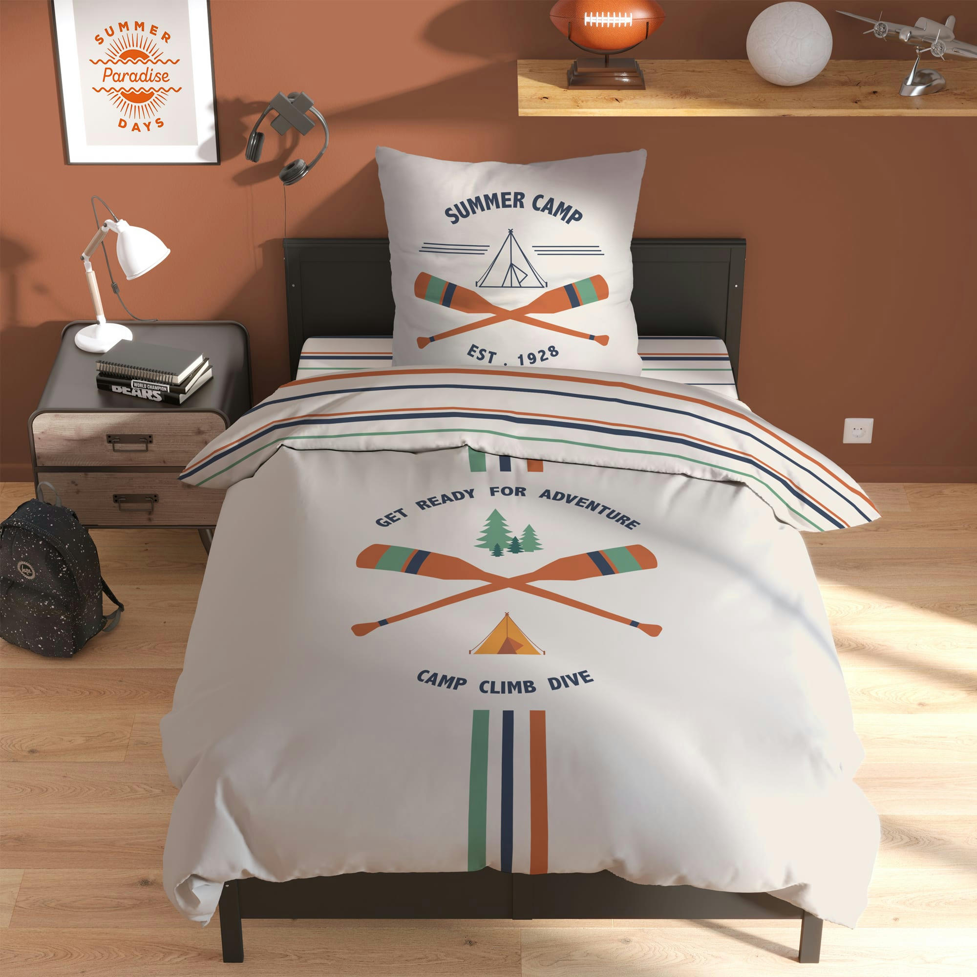 SUMMER CAMP - Parure de lit imprimée en coton Beige 140x200+63x63cm