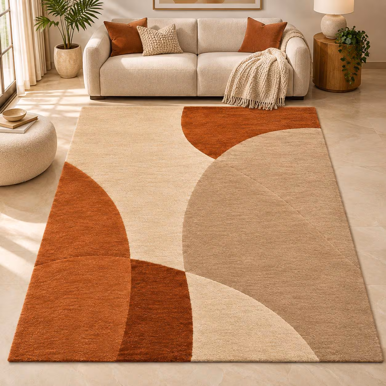 Hand Tufted Wool Rug, Modern Abstract Area Rug, Rust Terracotta Beige , Minimalist Geometric Living Room Handmade Carpet