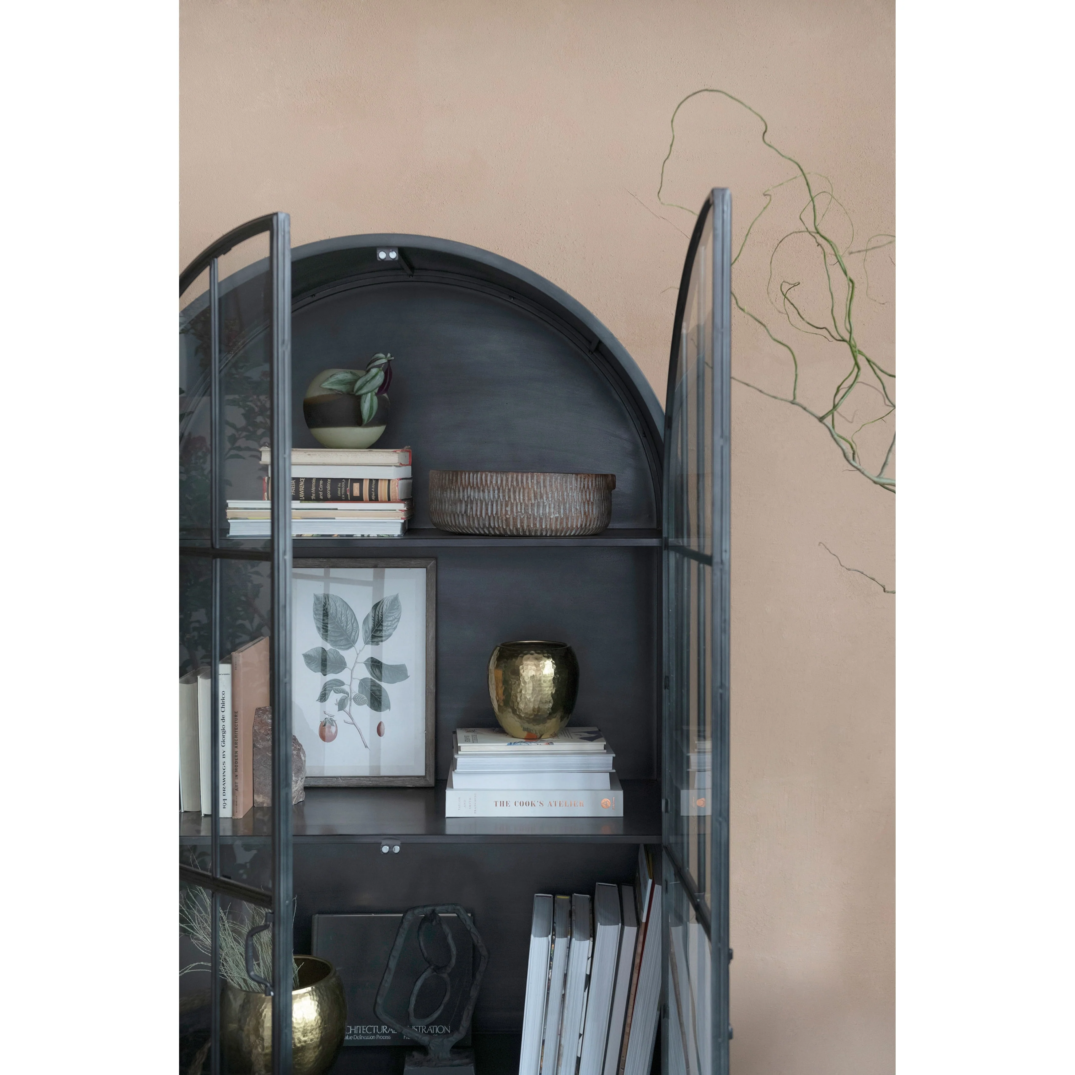 Arched Metal Cabinet with Glass Shelves