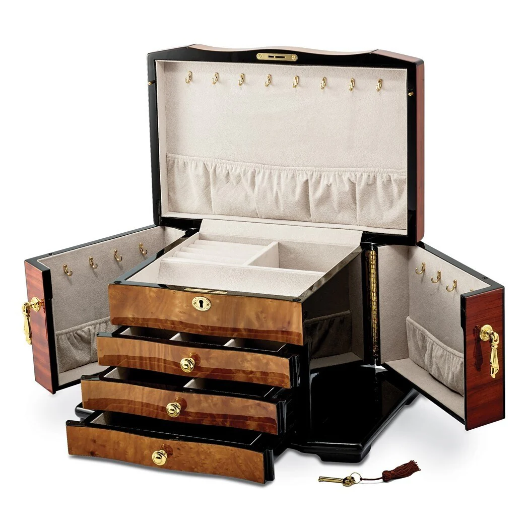 Curata High Gloss Bubinga Veneer W/Elm Burl Inlay 3-Drawer Swing-Out Sides Locking Wooden Jewelry Box