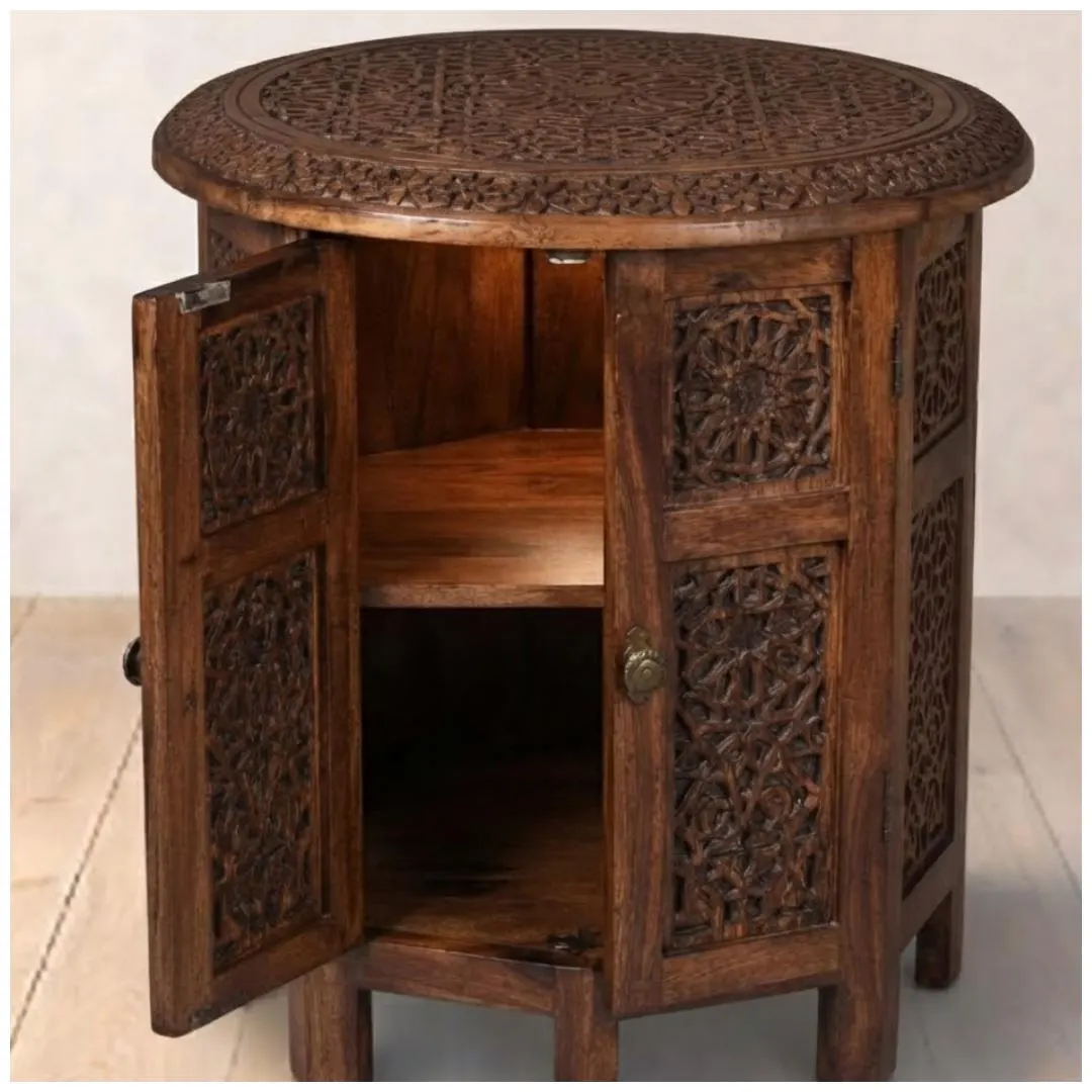 Solid Mango Wood Octagonal Side Table, 18 Inch Rustic End Table with Burnt Finish, Farmhouse Nightstand for Small Spaces