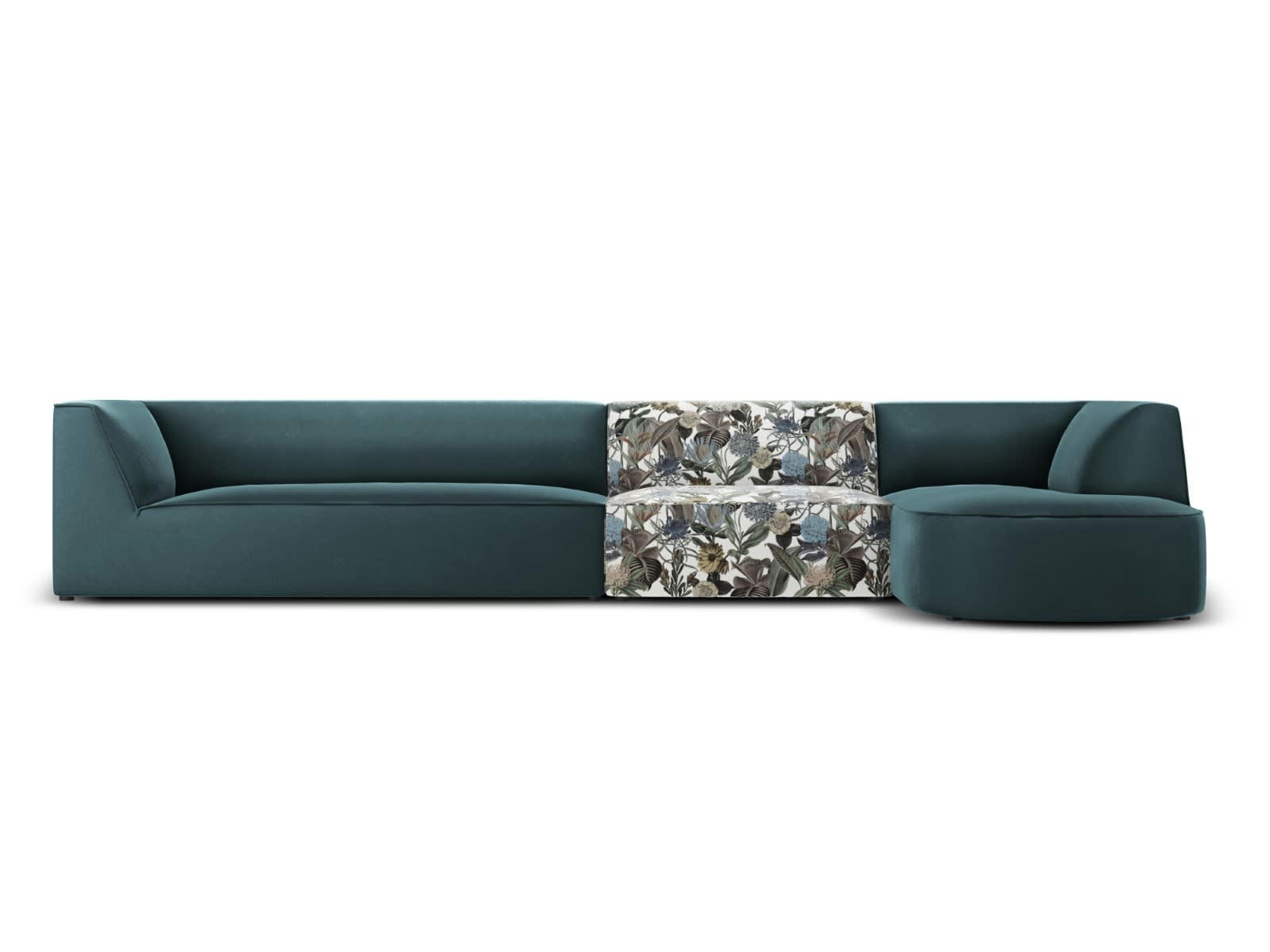 CHARLES - Canapé D'Angle Droit 5 places en Velours Motif de Jardin Bleu Clair