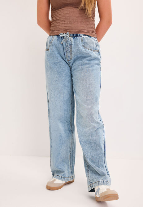 Older Girls Light Wash Drawstring Wide Leg Jeans