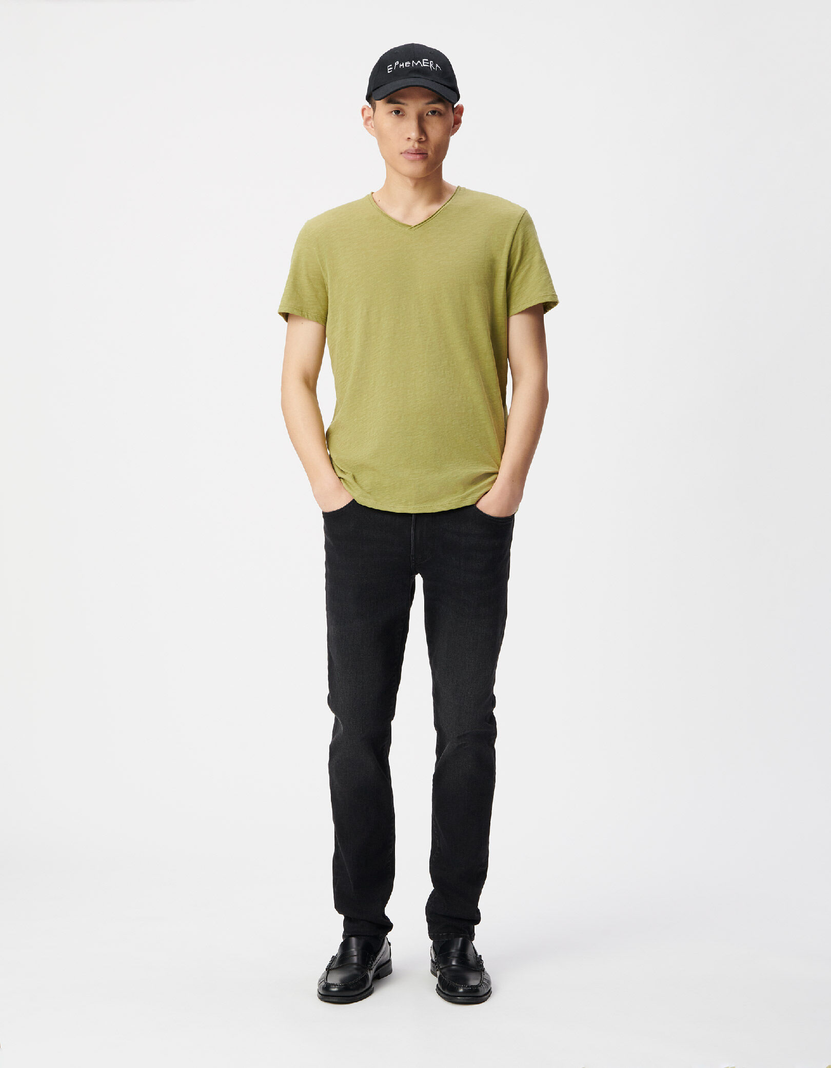 T-shirt encolure V vert coton bio flammé Homme