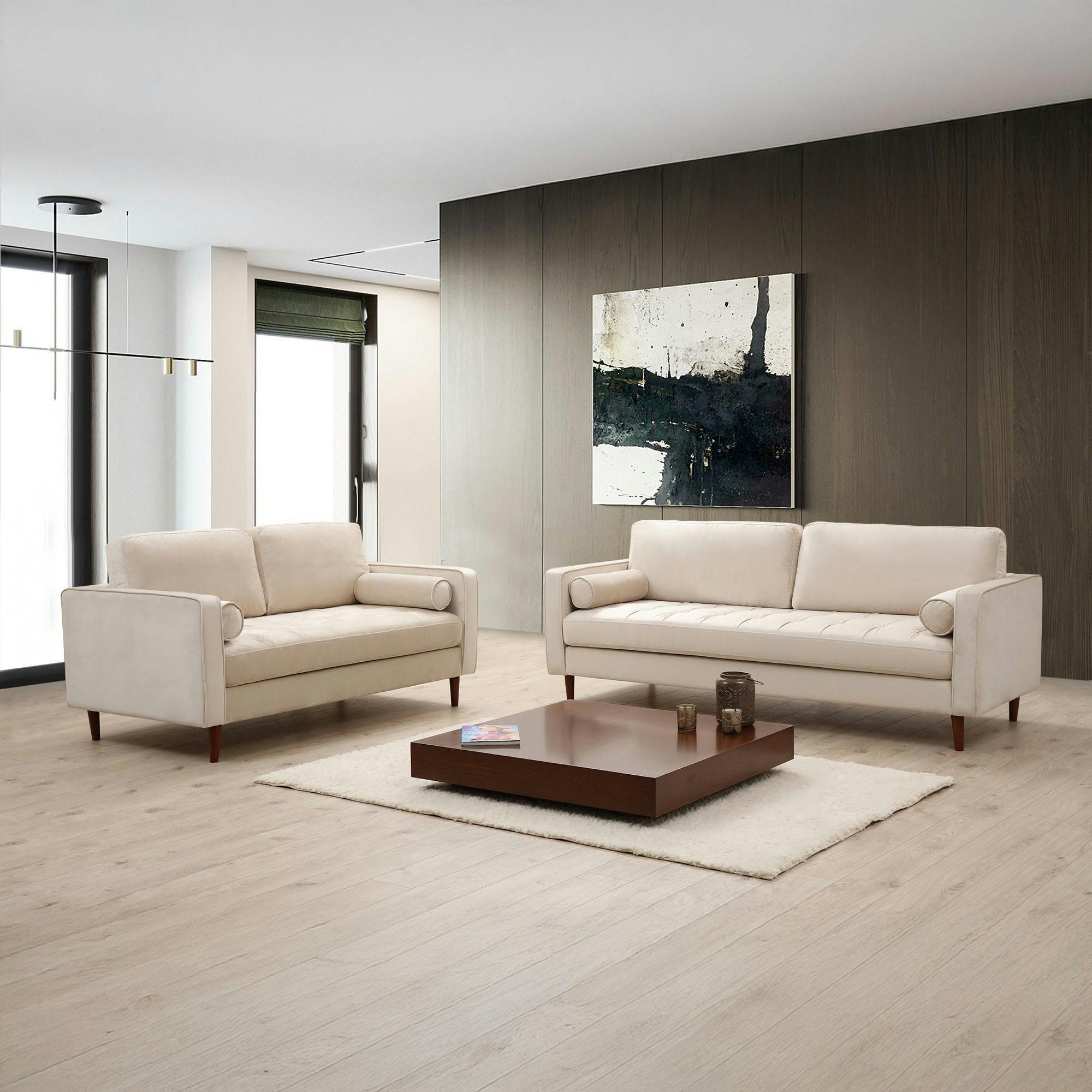 Canapé 2 places velours beige crème, coussins polochons CHIBA