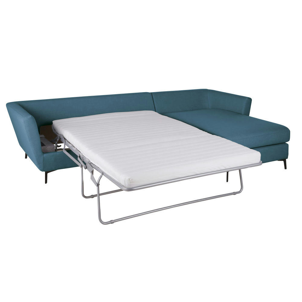 Prague - Canapé d'angle droit convertible 4/5 places bleu pétrole, matelas 10 cm