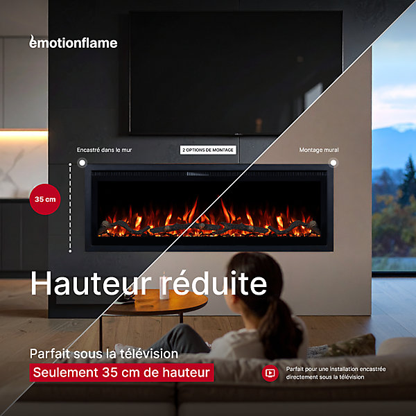 Cheminée électrique Emotion Flame Regal 106 - murale et encastrable - 106x35x12 cm - cheminée LED avec chauffage 900/1800 W