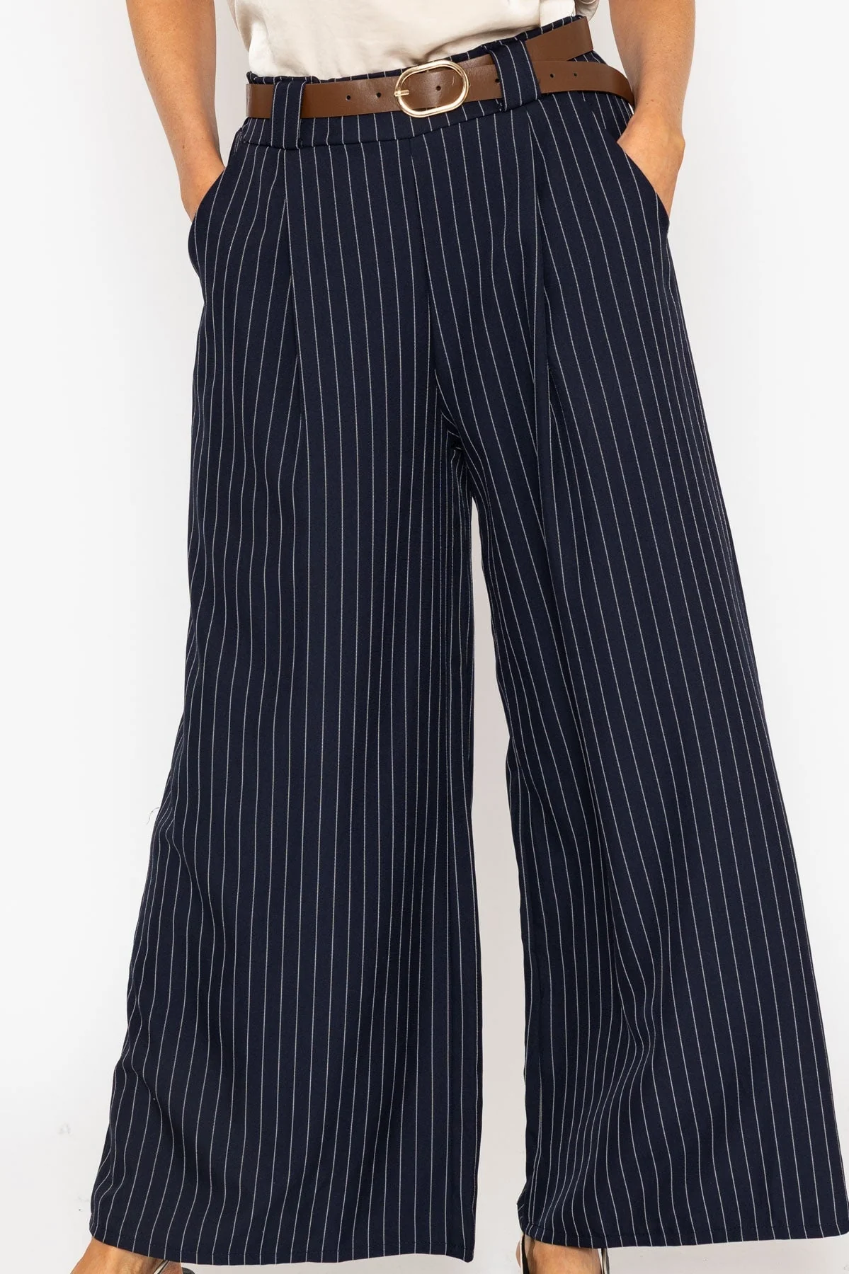 Navy Stripe Wide Leg Trousers