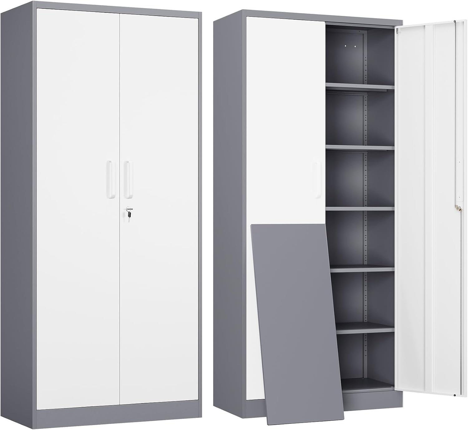 Yizosh Metal Garage Storage Cabinet with 2 Doors and 5 Adjustable Shelves - 71 Steel Lockable File Cabinet,Locking Tool Cabinets for Office,Home,Garage,Gym,School (Gray White)