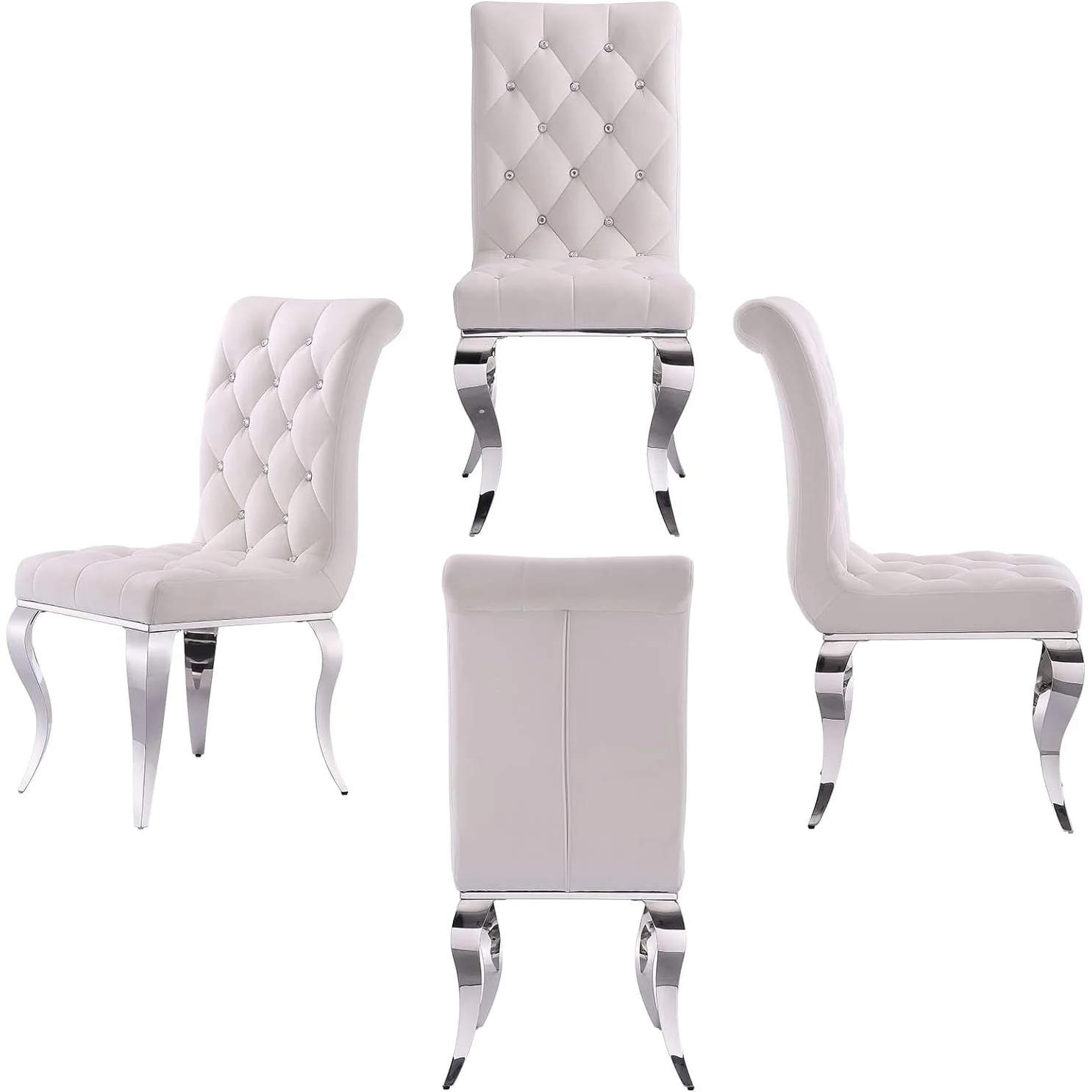 Luxury White Velvet Dining Chairs with Crystal Decor Button Tufted Back and Mirrored Silver Legs