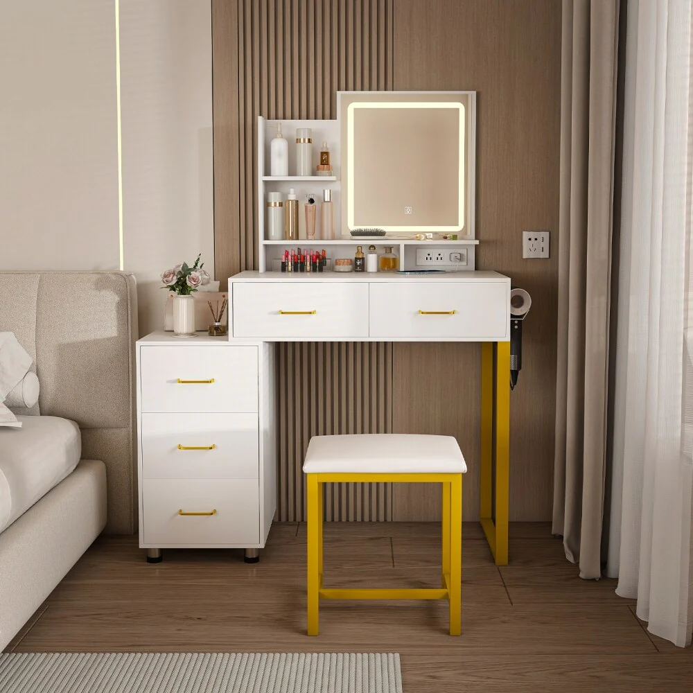 Dressing Table and Metal Chair with LED Lights and Power Outlet for Bedroom Dressing Room