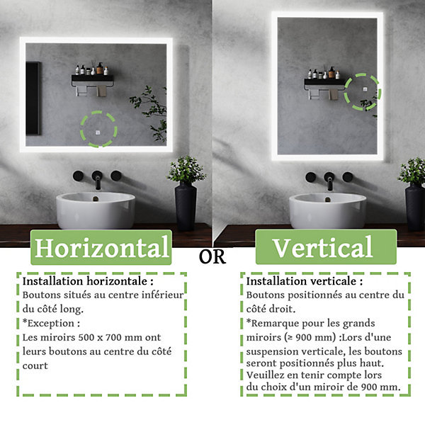 Miroir lumineux salle de bains rectangulaire 100x60 cm -LED, Anti-Buée, Mémoire - Miroir de salle de bains.