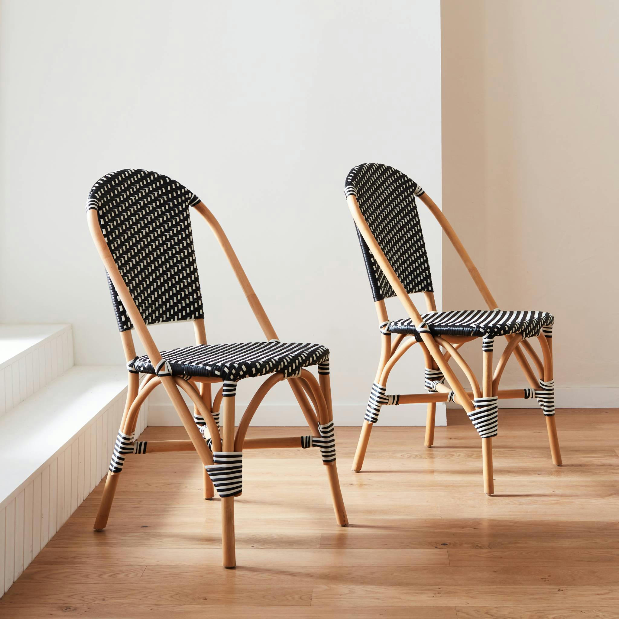 MONTMARTRE - Lot de 2 chaises noir et blanc bistrot en rotin et polyrotin